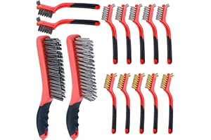 BEBORIN Wire Scratch Brush Set Soft Grip for Rust, Dirt & Paint Scrubbing with Deep Cleaning (14, 14PCS - Small 5PCS Stainless Steel 5PCS Brass 2PCS Nylon + Large 2PCS 10" Stainless Steel and Steel)