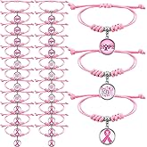 Hotop 24 Pcs Breast Cancer Awareness Bracelets Adjustable Braided Rope Bracelet with Pink Ribbon Element Charms for Women Breast Cancer Awareness Month Gifts Pink Out Day Supplies, 3 Styles