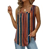 Saloogoe Summer Tank Tops for Women Loose Fit Pleated Square Neck Sleeveless Tops Curved Hem Flowy