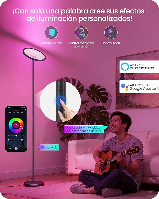 Lámpara de Pie RGB con Control por Aplicación y Voz, Compatible con Alexa, Sincronización Musical, Temporizador, Lámpara de Pie LED Inteligente, 30 W, Luz del 10 al 100%, para Salón, Negro