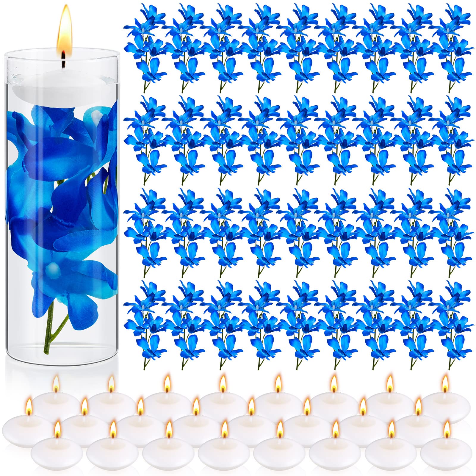 Photo 1 of **Flowers Only** Hanaive 42 Pcs Blue Orchids Artificial Flower Vase Fillers for Floating Candles Wedding Table Centerpiece Blue Orchid and Unscented Floating Candles for Wedding Table Christmas Party Home Decoration