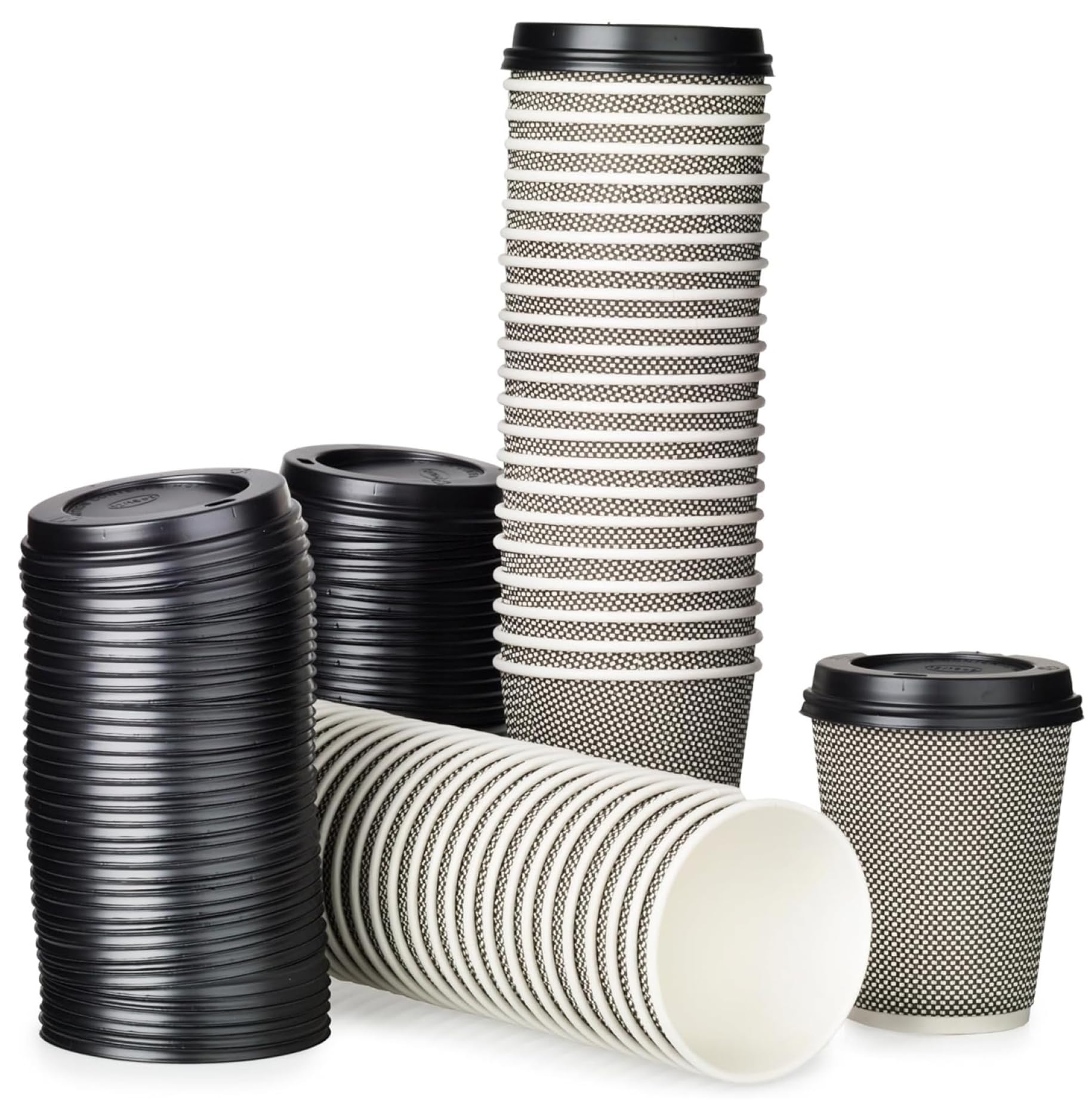 Signature Packaging – Luxury Ripple Insulated Paper Cups with Lids, Disposable for Coffee, Hot Beverages, Leak-Proof for Cafes, and Catering - 12oz Pack of 50 (Black + White) Cups Plus 50 Black Lids