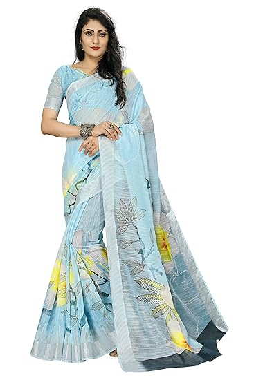 Women's Banarasi Linen Saree With Unstitched Blouse Piece (Digital_Print_Saree117_Multicolored)