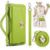 REEGINCH Crossbody Wallet Case for iPhone 16 Pro Max, Magnetic Detachable Floral PU Leather Phone Case with RFID Blocking Card Holder Wristlet Mirror Flip Zipper Shoulder Purse for Wome - Green