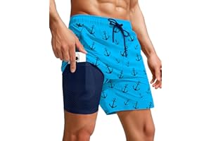 Yufawow Men Swim Trunks Compression Liner Quick Dry Drawstring Male Swimwear Swimsuit Swimtrunks Pattern Boardshorts