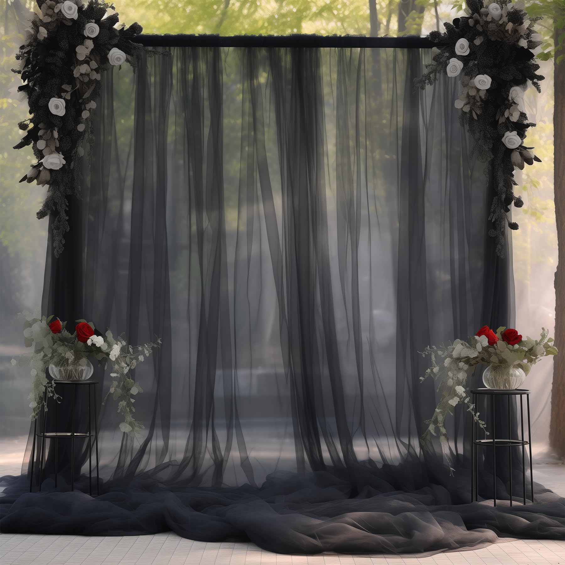 Photo 1 of 10x10ft Sheer Black Backdrop Curtains for Parties, Tulle Wedding Arch Draping Fabric Photo Background for Birthday Party Halloween Decorations