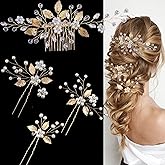 4 Pieces Gold Leaf Bridal Hair Pins, Crystal Wedding Hair Accessories - Hair Comb with Rhinestone Hair Pins and Pearls for Bride, Bridesmaids, Flower Girls