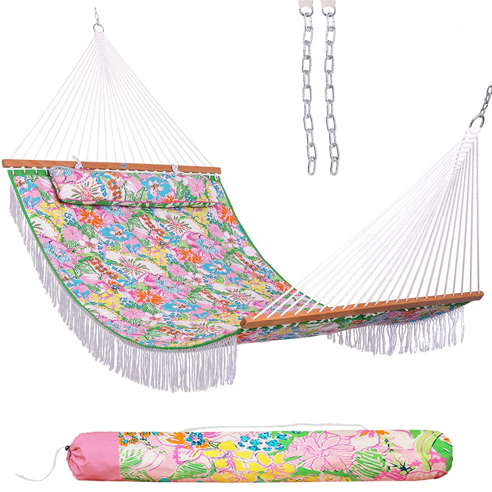 Photo 1 of Lazy Daze Hammocks 12 FT Double Layered Quilted Fabric Hammock Swing with Pillow and Carrying Bag, Elegant Tassels and Spread Bar Heavy Duty Stylish for Two Person, Floral