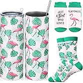 Funnymoom 2 Pack Flamingo Themed Gifts Set Skinny Tumbler 20 oz Travel Coffee Novelty Cute Animals Mug Socks, Christmas Birthday Party Favors