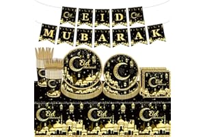 98PCS Eid Mubarak Party Supplies Black and Gold Ramadan Tableware Set Ramadan Mubarak Paper Plates and Napkins Eid Mubarak Pa