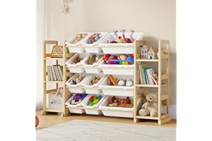 EXPERLAM Extra Large Toy Storage - Toy Storage Organizer, Wooden Toy Organizer with 6 Side Shelves and 12 Bins, 3-in-1 Bookshelf for Kids Rooms, Playroom, Nursery, White