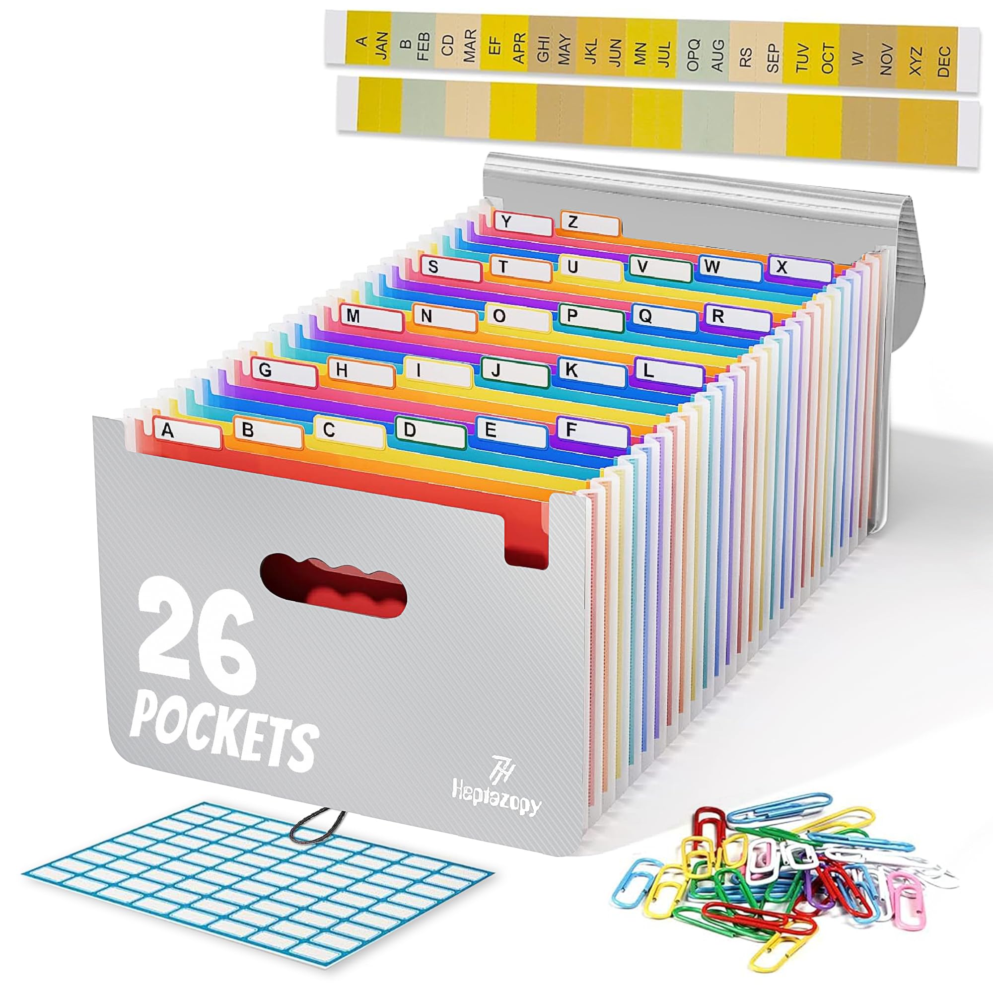 Heptazopy File Organiser, 26 Folders for Paperwork A4, 34 x 25 x 4 cm Document Organiser Quality PP, Flap & Elastic Cord Closure Comes with Labels, Tags & Sticker Card (Grey (26 Pockets))