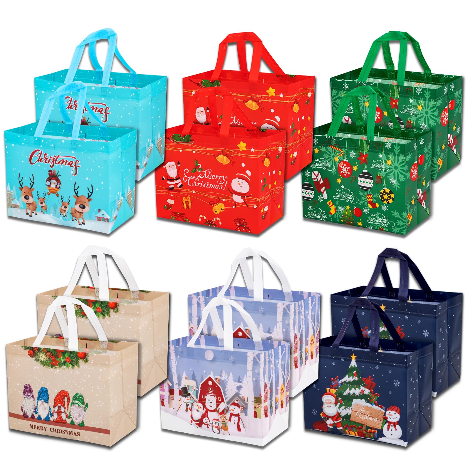 WENGX 12 Pack Christmas Tote Bags with Handle, Reusable Gift Present & Grocery Shopping Wrapping Bags for Xmas Holiday Event Party (christmas)