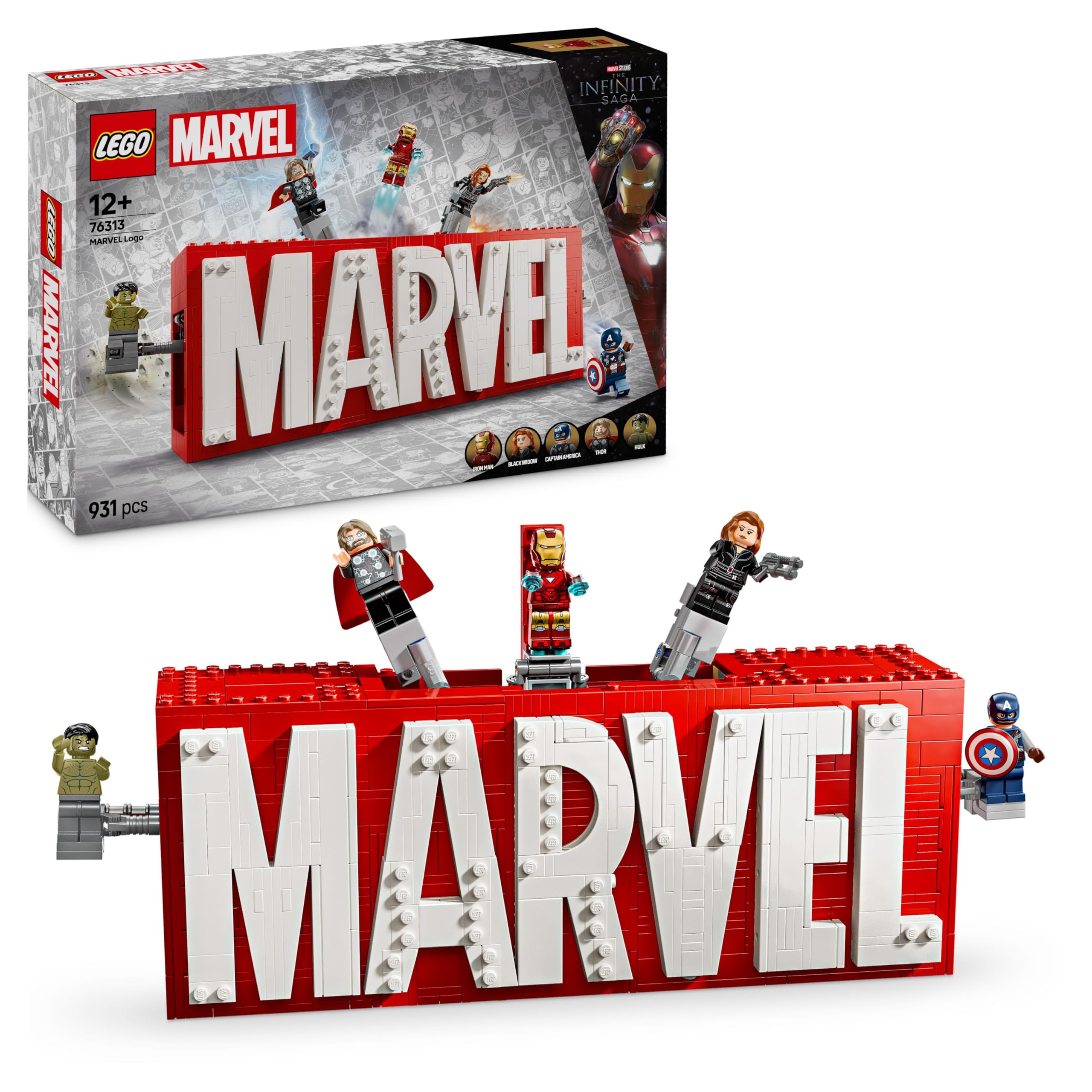 LEGO | Marvel: MARVEL Logo & Minifiguren - Sammlerstück inkl. Hulk, Thor, Iron Man, Black Widow und Captain America - Bauset mit Avengers Figuren - Geschenk für Jungen und Mädchen ab 12 Jahren - 76313