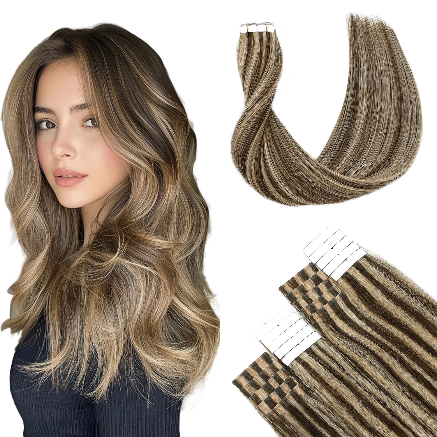 SURNEL Tape in Hair Extensions Dark Brown #4 Highlights #27 Caramel Blonde Tape in Extensions Real Human Hair Silky Straight 20pcs/50g (T14inch, 4P27) — image 1