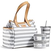 Fit & Fresh Lunch Bag For Women, Insulated Womens Lunch Bag For Work, Leakproof & Stain-Resistant Large Lunch Box For Women With Containers and Matching Tumbler, Zipper, Westerly Lunch Bag, Grey Strip