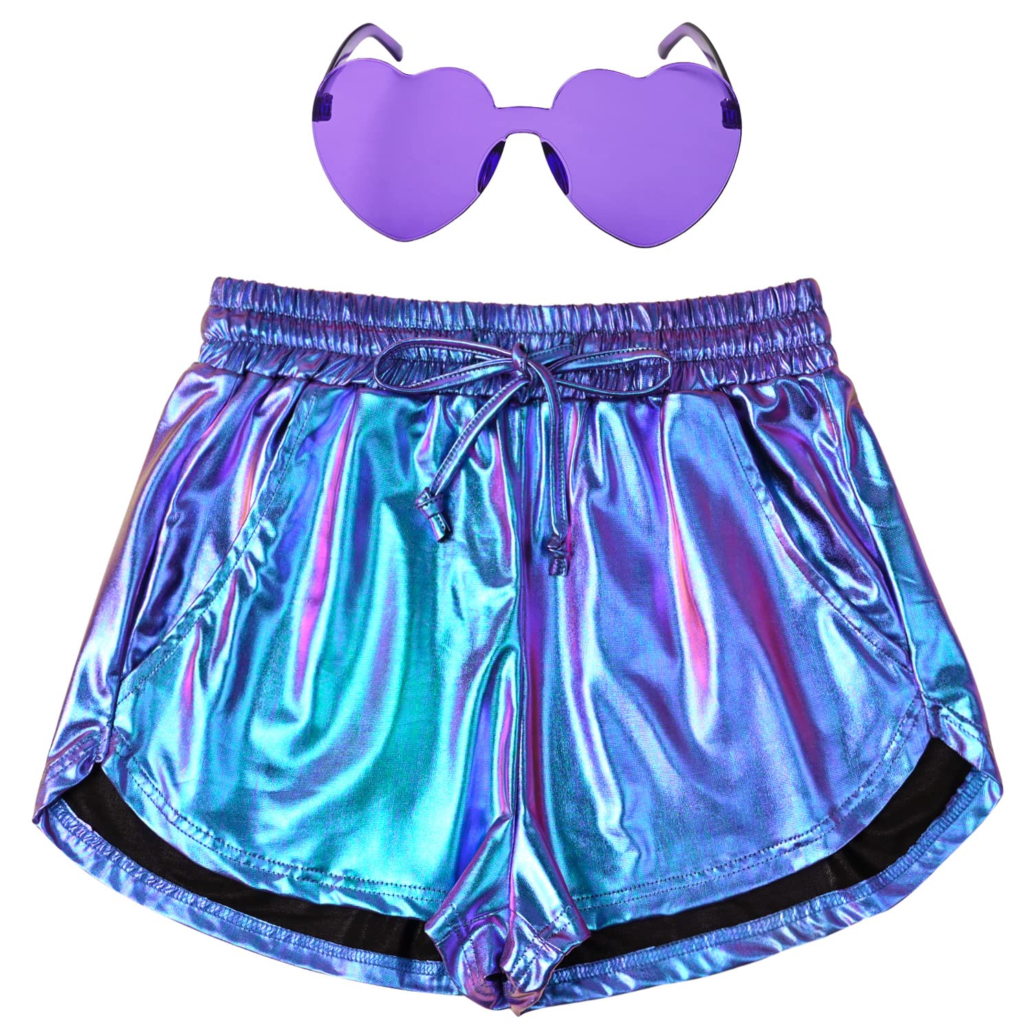 Photo 1 of *** no sunglasses***Women's Metallic Holographic Shorts Glittery Pants 90s Disco Alien Outfit Shiny Rave Party with Sunglasses