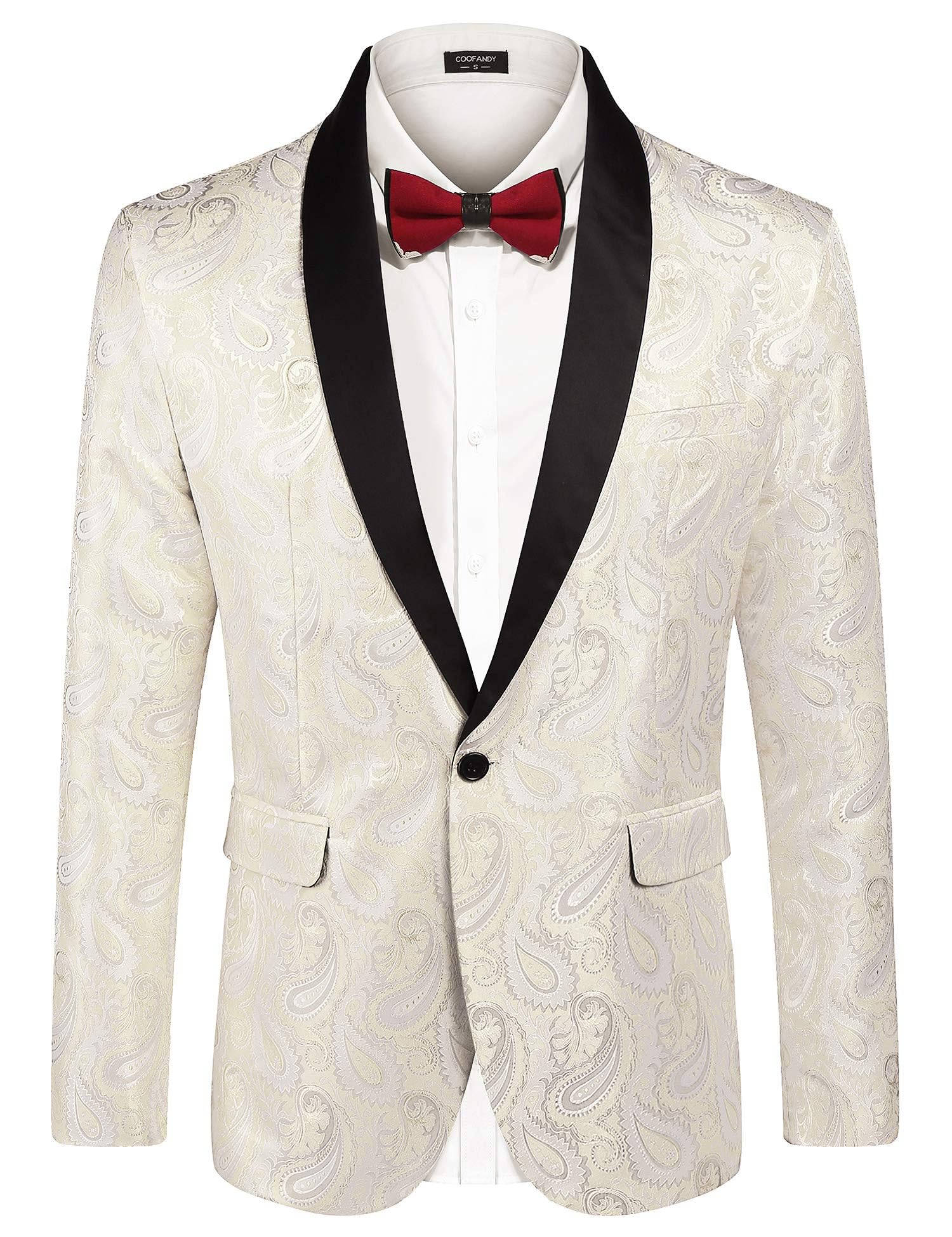 COOFANDY Mens Floral Tuxedo Jacket Paisley Shawl Lapel Suit Blazer Jacket for Dinner,Prom,Wedding Beige Image