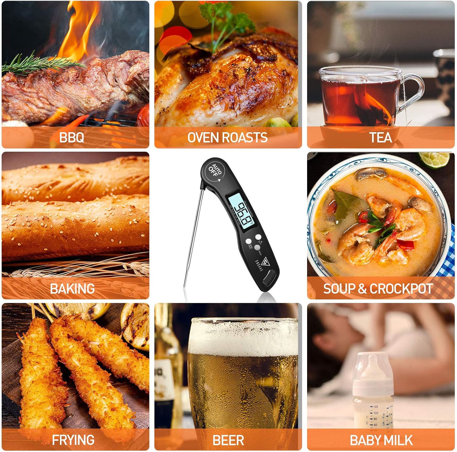 DOQAUS Digital Meat Thermometer, 3s Instant Read Food Thermometer for Cooking, Digital Kitchen Thermometer Probe with Backlight & Ambidextrous Display, Cooking Thermometer for Candy Grill BBQ Liquids: Kitchen & Dining