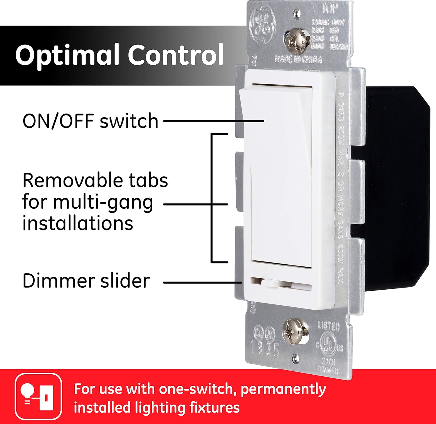 GE Slide Dimmer Rocker Wall Switch, Single Pole, For Dimmable LED, CFL, Incandescent Light, Bulbs, UL Listed, White, 10464, 1 Pack - - 