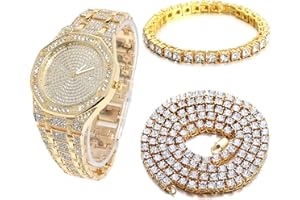Halukakah Diamonds Gold Watch Iced Out, Men's 18k Real Gold/Platinum White Gold Plated Quartz Wristband 8.7" Octagonal Dial, with Tennis Chain Necklace Bracelet Set Options, Comes with Gift Box