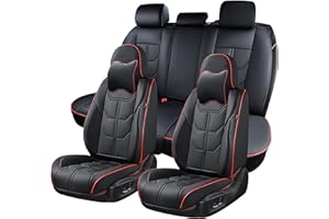 BWTJF Car Seat Covers Full Set, Auto Seat Covers 5 Pieces, Leatherette Automotive Vehicle Cushion Cover for Cars SUV Pick-up Truck, Universal Car Interior Accessories with Head Pillow, (Black&Red)