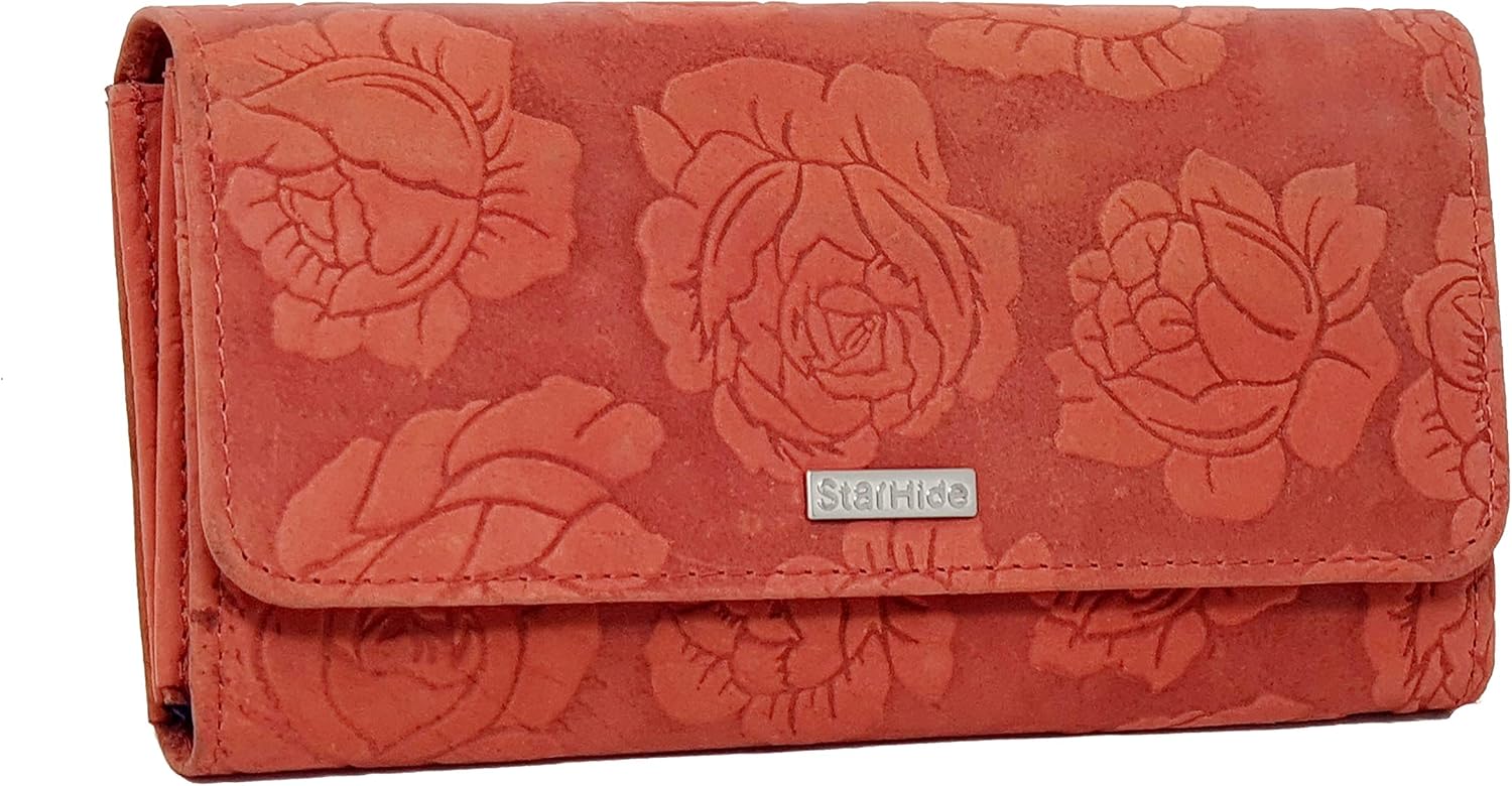 STARHIDE Womens RFID Protected Embossed Floral Purse Distressed Hunter Leather 5580 (Red), Black