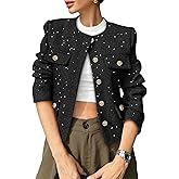 COCCKO Women's Tweed Blazers Trendy Fall Casual Collarless Button Down Sequin Tops Cropped Jackets with Pockets