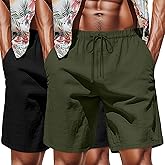 Neer 2 Pack Men's Big and Tall Linen Shorts, Casual Elastic Waist Beach Shorts Summer Drawstring Wears with Pockets