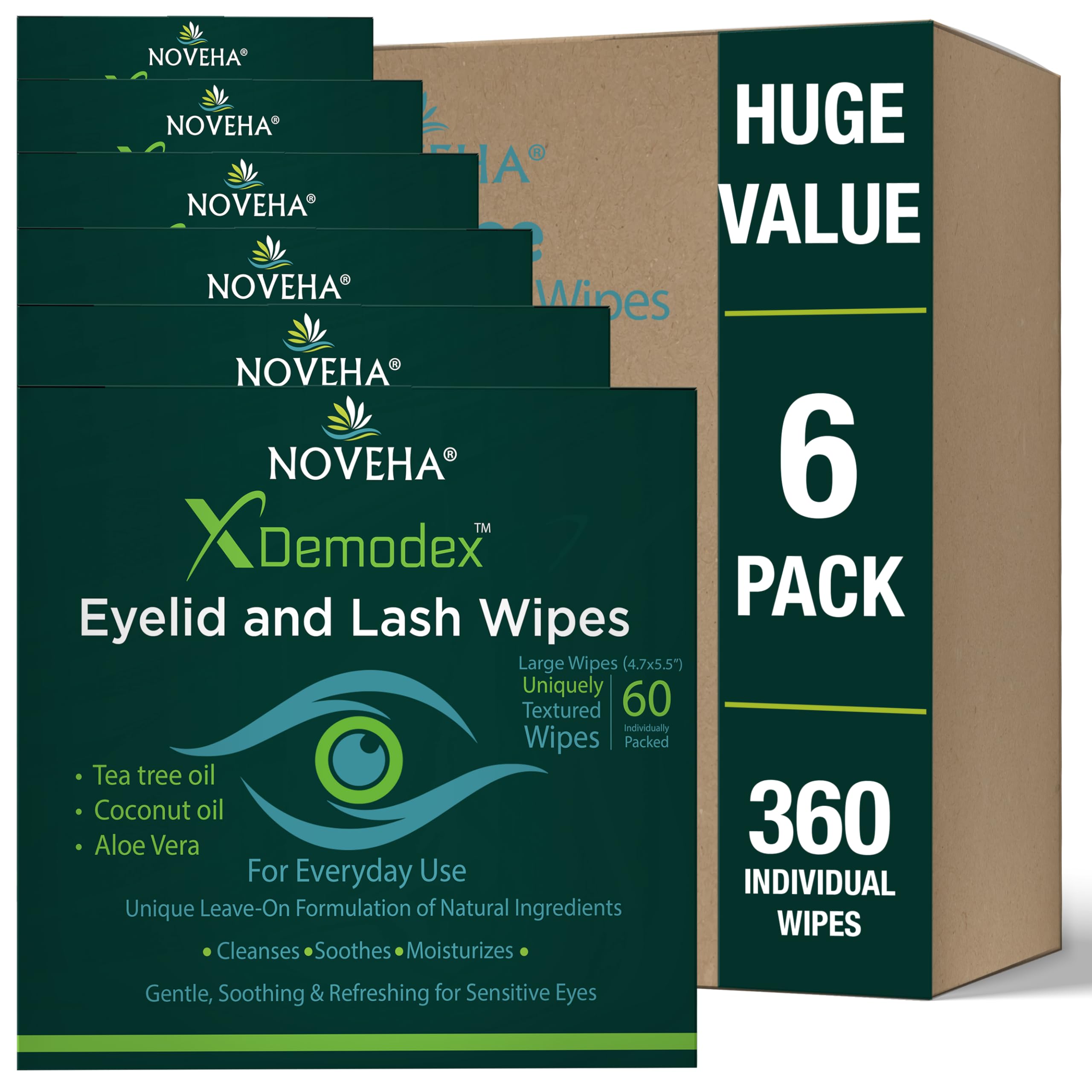 NOVEHA 360PCs Demodex Eyelid & Lash Wipes | Box of 60 Individually Wrapped Extra Strength Cleansing Eyelash Wipes - Battles Irritated Eyes - Naturally Remove Debris (Pack of 6) Image NOVEHA 360PCs Demodex Eyelid & Lash Wipes | Box of 60 Individually Wrapped Extra Strength Cleansing Eyelash Wipes - Battles Irritated Eyes - Naturally Remove Debris (Pack of 6) Image