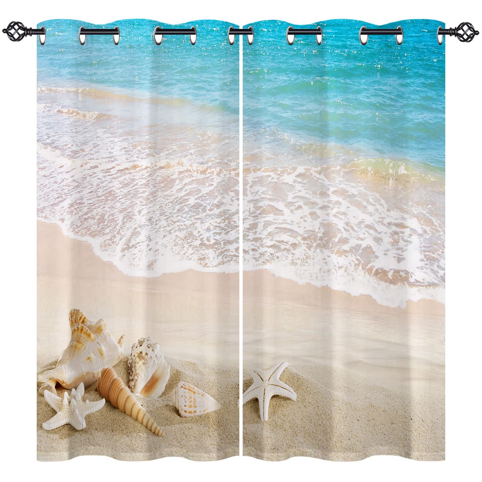 ANHOPE Beach Curtains Eyelet Ring Top Thermal Insulated 80% Blackout Curtains with Tropical Ocean Seaside Conch Seashell Print Pattern Window Drapes for Bedroom Living Room 46 x 54 Inch Drop 2 Panels