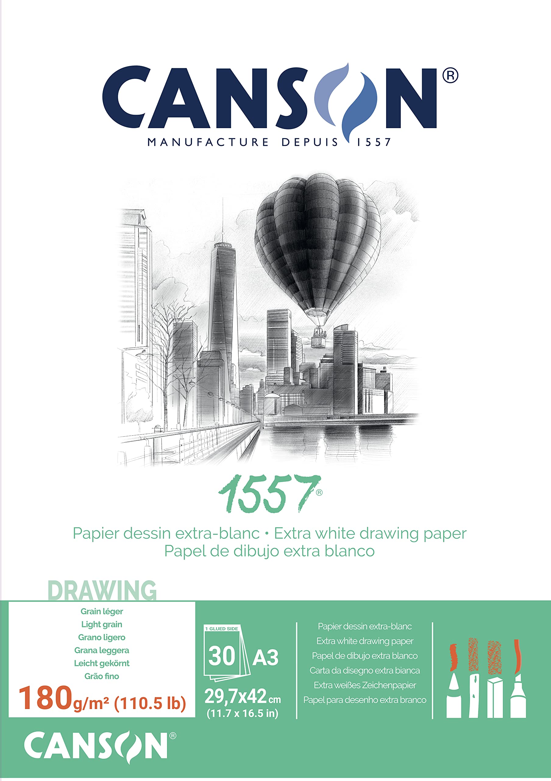 CANSON 1557 Extra White 180gsm A3 Drawing Paper, Light Grain, 30 Sheets, For Professional Artists & Illustrators