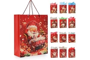 Rusikia 12 Christmas Gift Bags with 12 Tissues and 1 Satin Ribbon, Red Party Favor Bags Bulk with Handles, Glittery Cute Balls Father Christmas Paper Bag for Wrapping Holiday (Medium 10"x4"x12.6")
