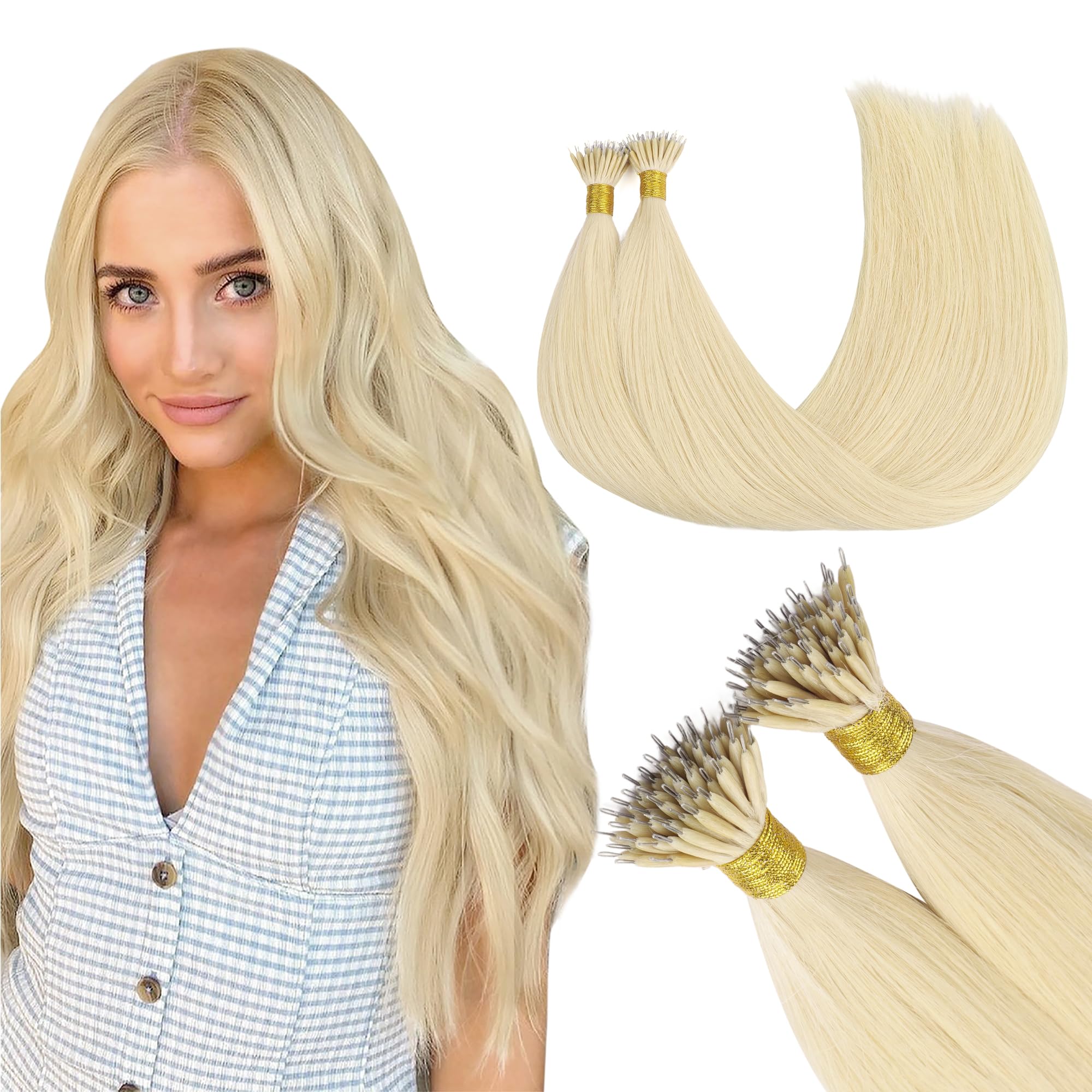 GOO GOO Nano Hair Extensions Real Human Hair, Nano Beads Hair Extensions, Platinum Blonde 50g 14inch 100 Strands Cold Fusion Nano Rings Extensions