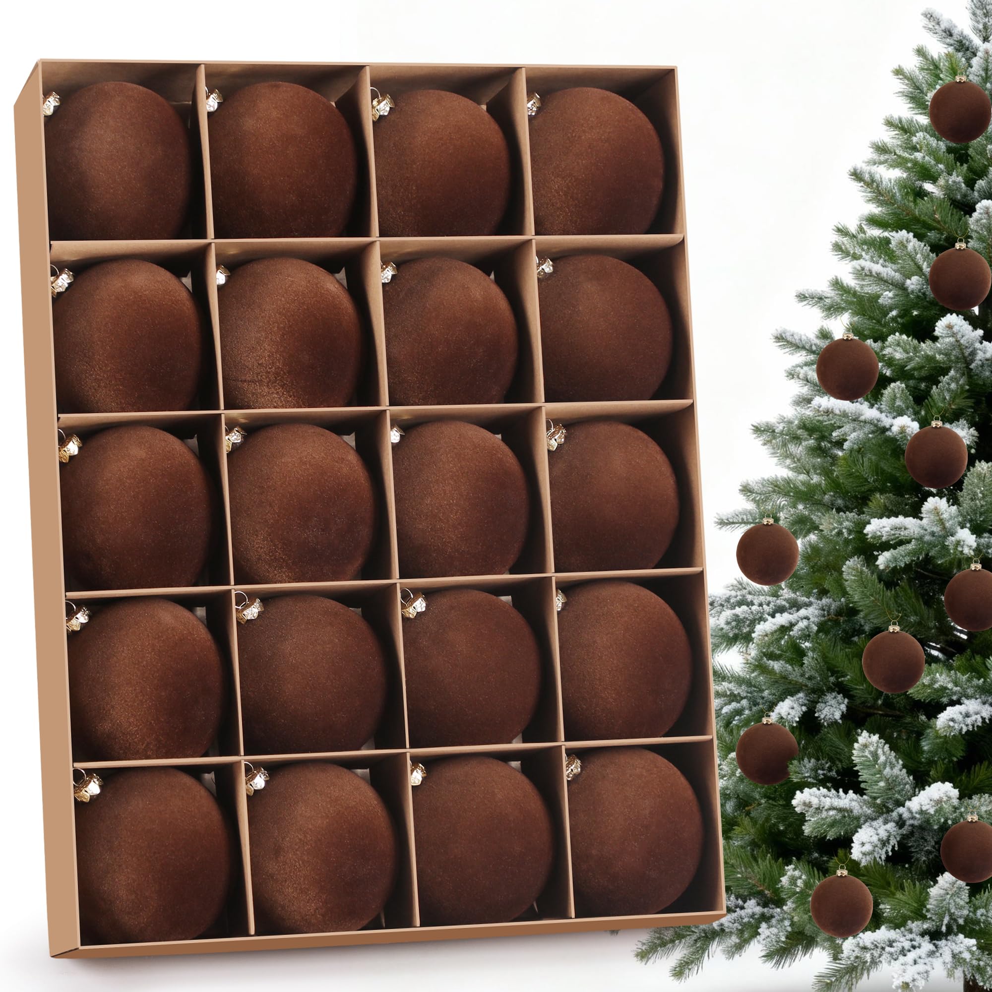 Photo 1 of *** 18 PACK *** DazSpirit 20-Pack Flocked Velvet Christmas Ball Ornaments, 3.15"/8cm Decorative Hanging Baubles, Shatterproof Plastic Holiday Home Decoration Balls for Xmas Tree, Wreath, Garland, Dark Brown