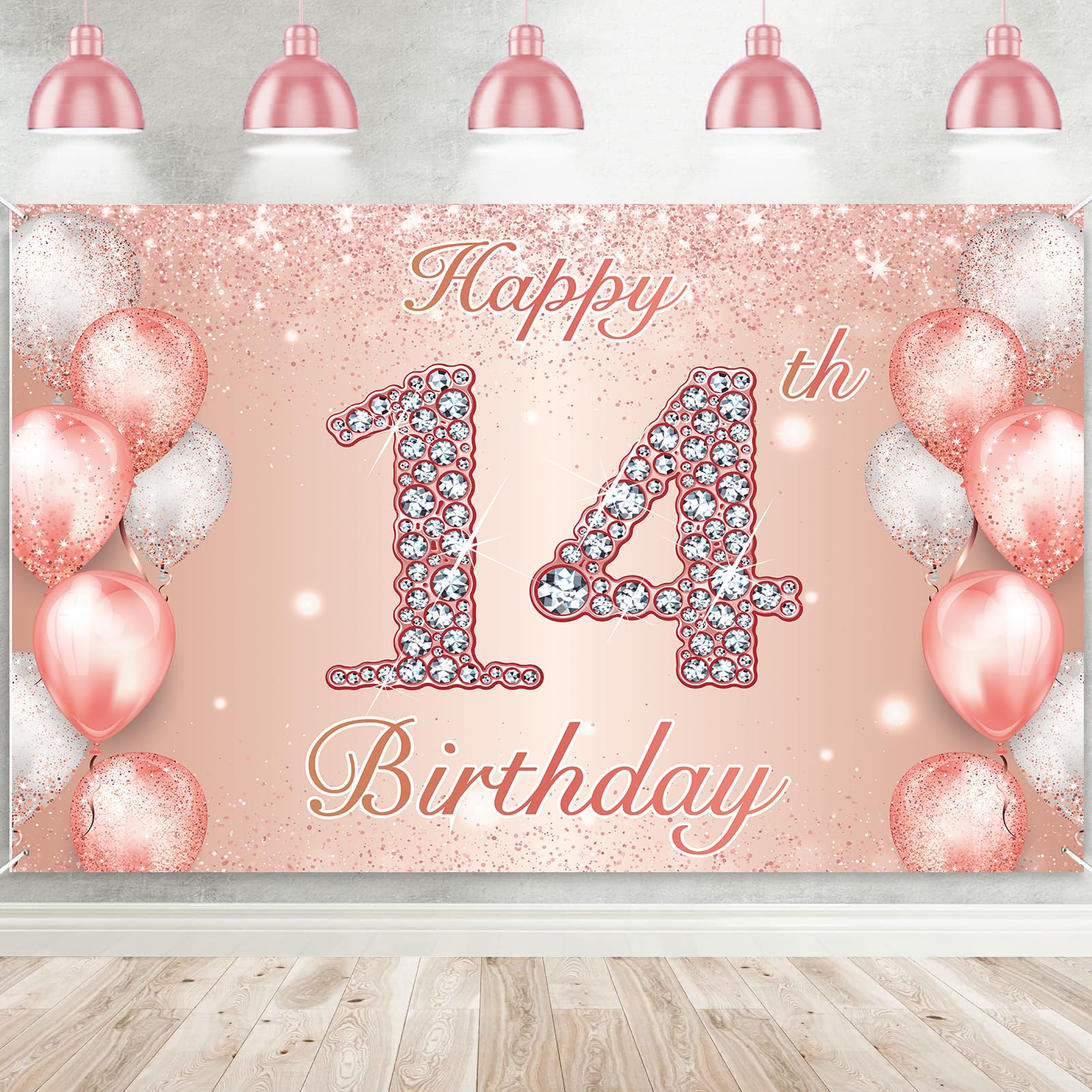 Photo 1 of Happy 14th Birthday Rose Gold Banner Cheers to 14 Years Old Backdrop Confetti Balloons Theme Decor for Girls 14 Years Old Pink Birthday Party Decorations Bday Supplies Background Favors Gift Glitter