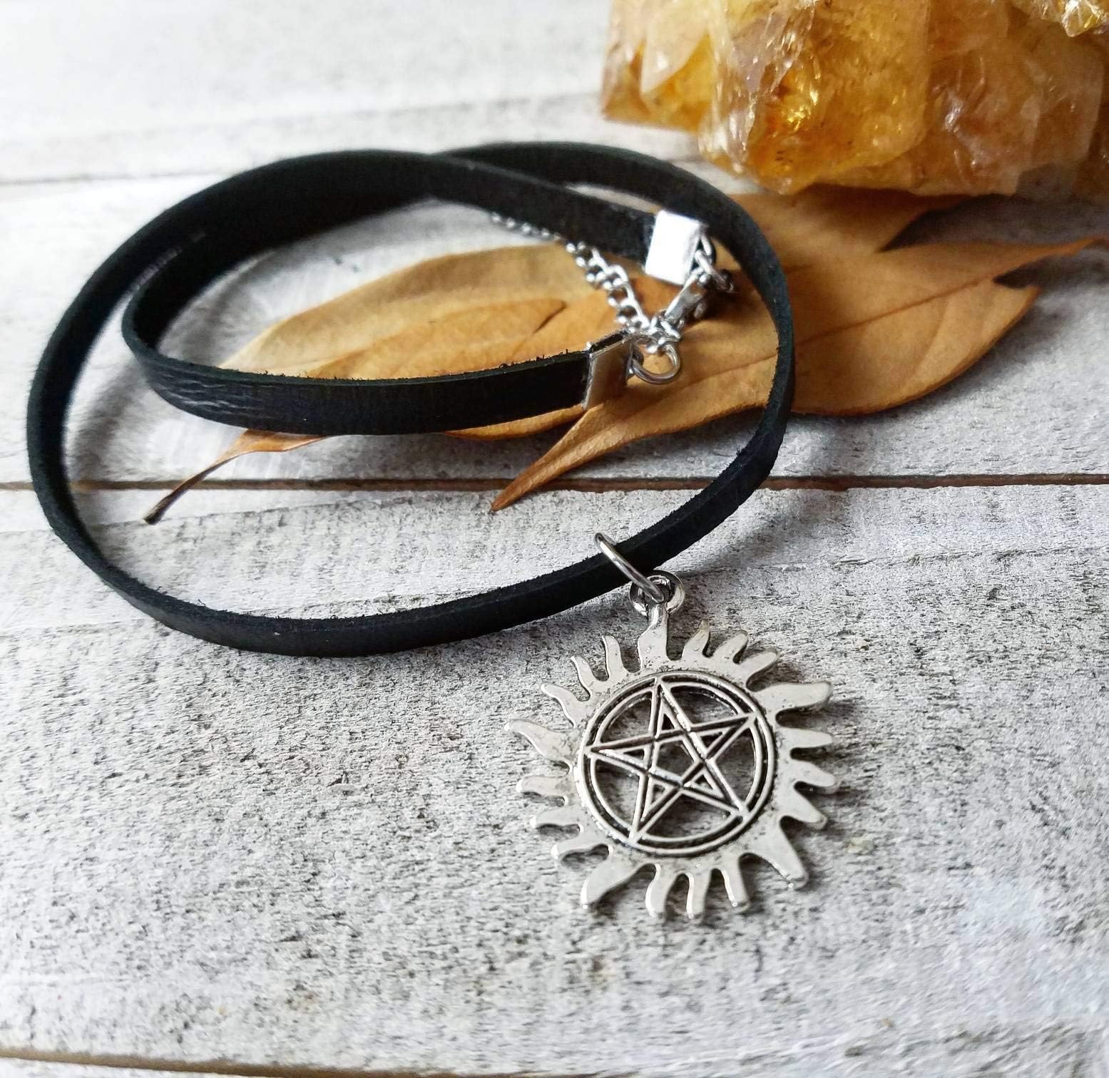Supernatural anti possession pentacle leather choker necklace