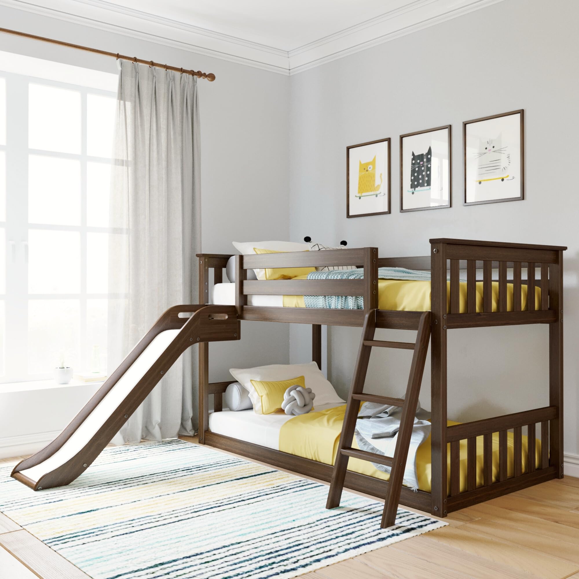 Max & Lily Twin Over Twin Low Bunk with Slide and Ladder, Wooden Bunk beds with 14” Safety Guardrail for Kids, Toddlers, Boys, Girls, Teens, Bedroom Furniture, Walnut Image