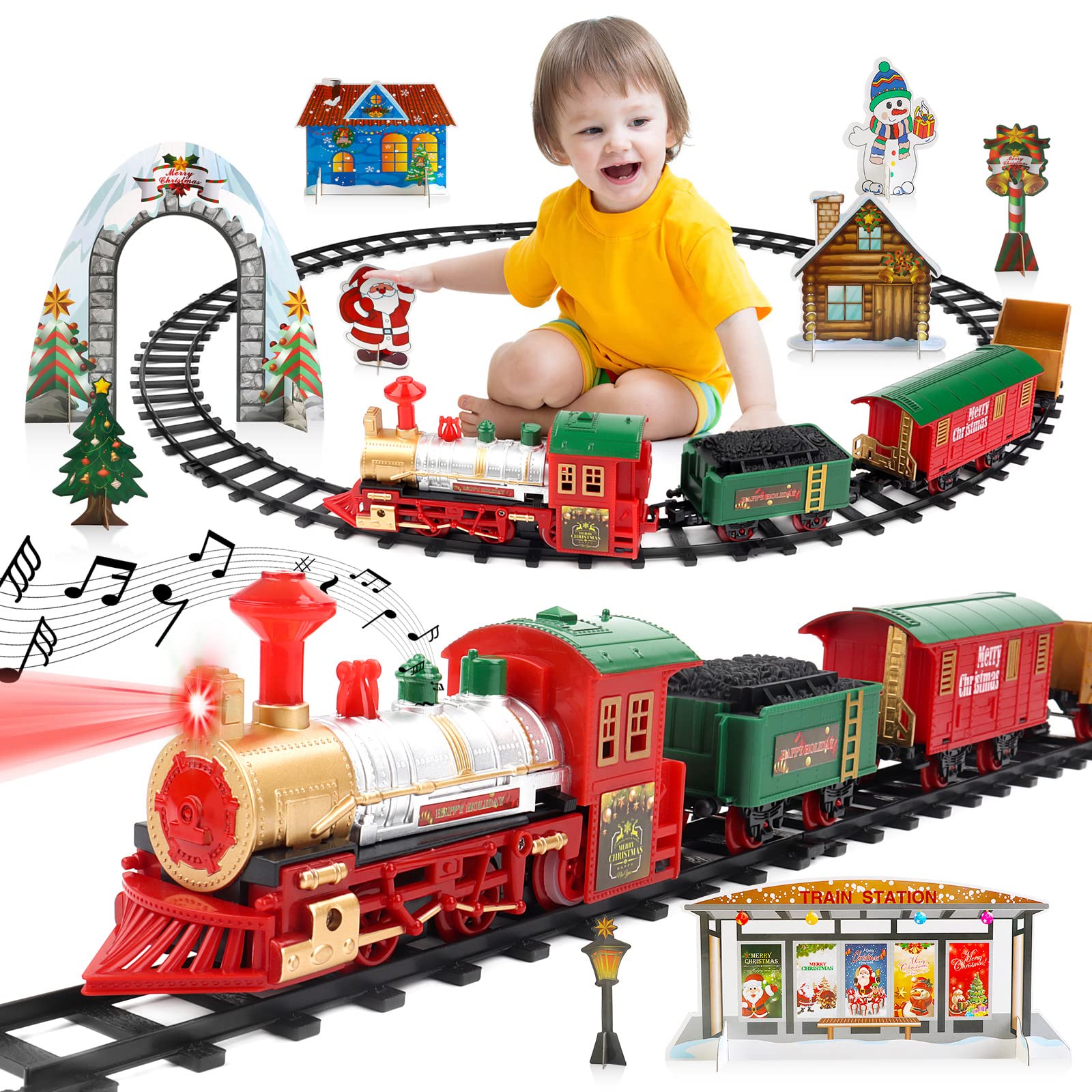 deAO Classic Christmas Train Set for Kids with Headlights, Realistic Sounds, 4 Cars Carriage and Rails, Christmas Decoration Under Christmas Tree