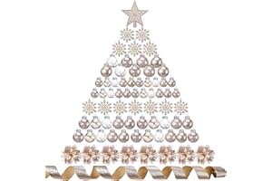 Jenaai Champagne Gold 74 Pcs Christmas Ball Ornaments Set Plastic Shatterproof Christmas Tree Decorations with Hanging Snowflakes Ribbons Artificial Poinsettia Flowers Tree Topper for Xmas Decor