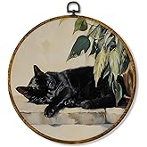 Hiuwevt Vintage Black Cat Round Wall Art Decor, Black Cat Lovers Mom Gifts Framed Canvas Prints, Retro Antique Cottagecore Ro