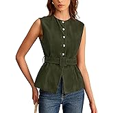 Lentta Womens Suede Vest Crew Neck Sleeveless Button Down Dressy Suit Waistcoat with Belt