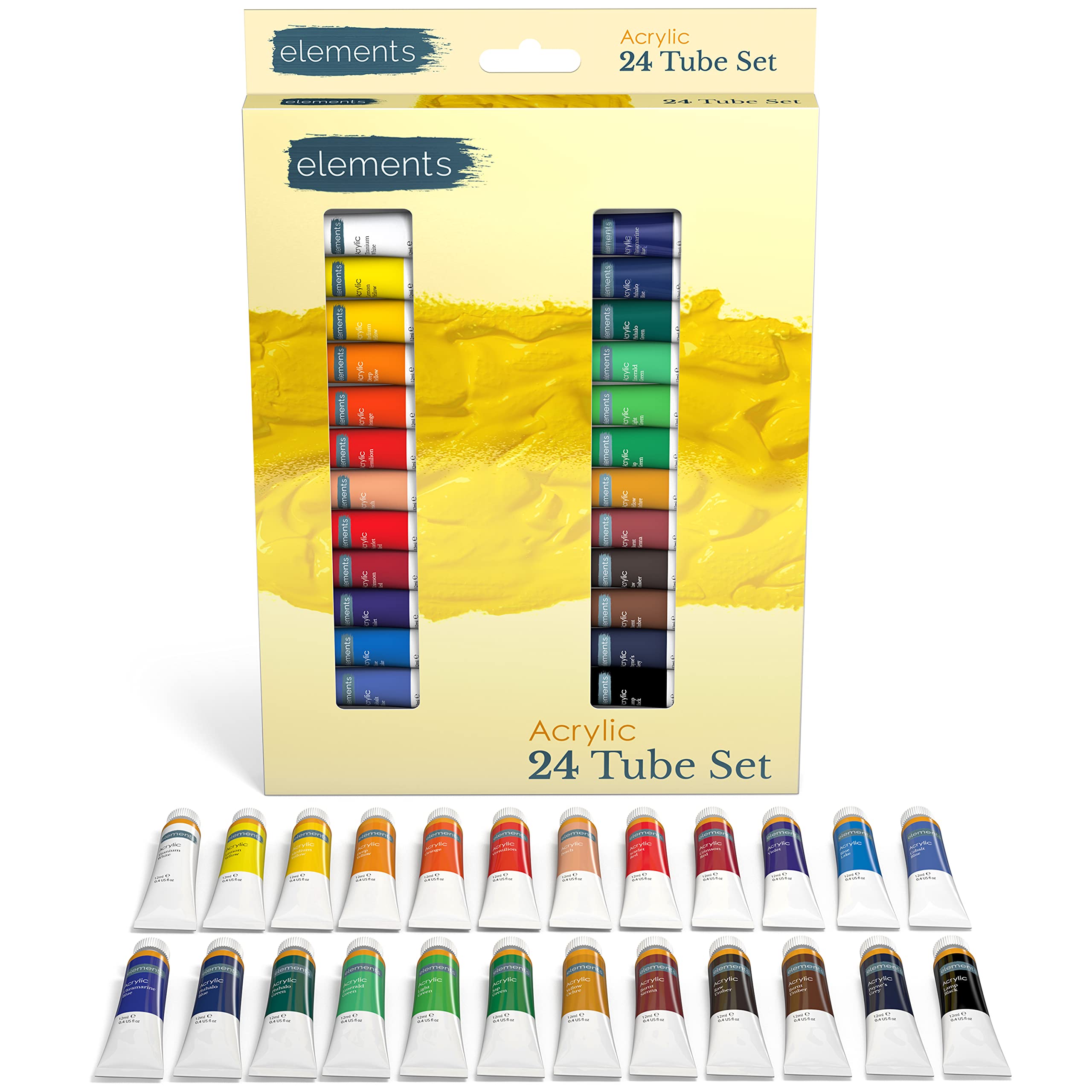 Elements Acrylic Paint Set - 12ml Tubes, 24 Piece Set of Professional Drawing Painting Pigments, Vibrant Acrylic Paints, Multi-Colour