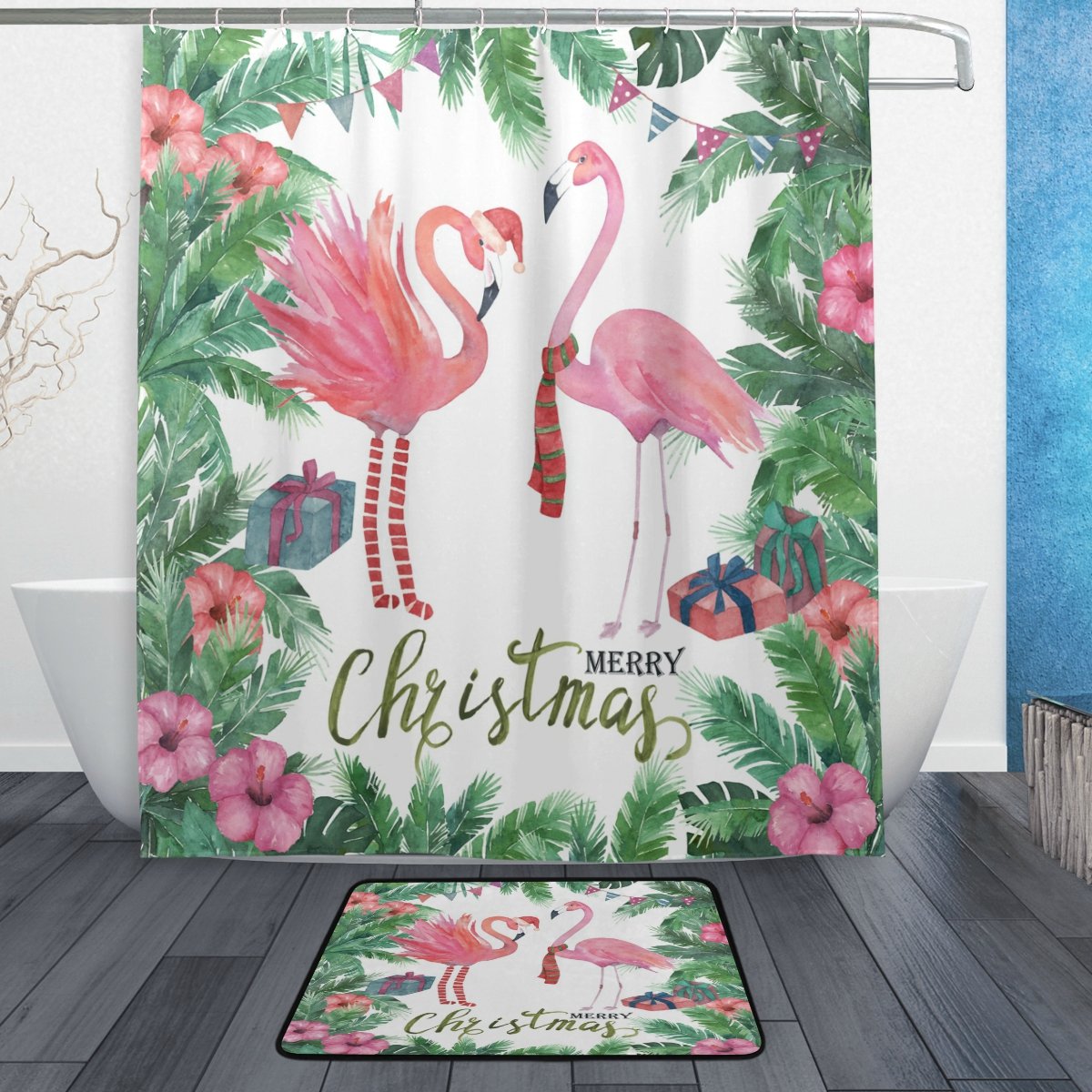 Set Of 2 Naanle Set With 12 Hooks And Bath Mats Rugs For Bathroom 60 X 72 23 6 X 15 7 Merry Christmas With Funny Snowman And Owl Birds Waterproof Polyester Fabric Shower Curtain Shower Curtain Sets