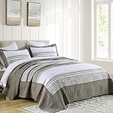 QuiltMuse 100% Cotton Oversized King Size Bedspread 120"x120" - Farmhouse Lightweight Cal King Quilt with 2 Pillowshams, Reversible Modern Striped Quilted Bed Coverlet for All Season, 3Pcs, Brown