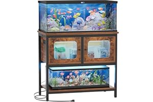 iSunirm 40-50 Gallon Aquarium Stand with LED Light and Sockets, Metal Fish Tank Stand Combo Set with Cabinet and Mesh Door, Reptile Tank Turtle Stand with Accessories Storage, 880LBS Capacity, Rustic