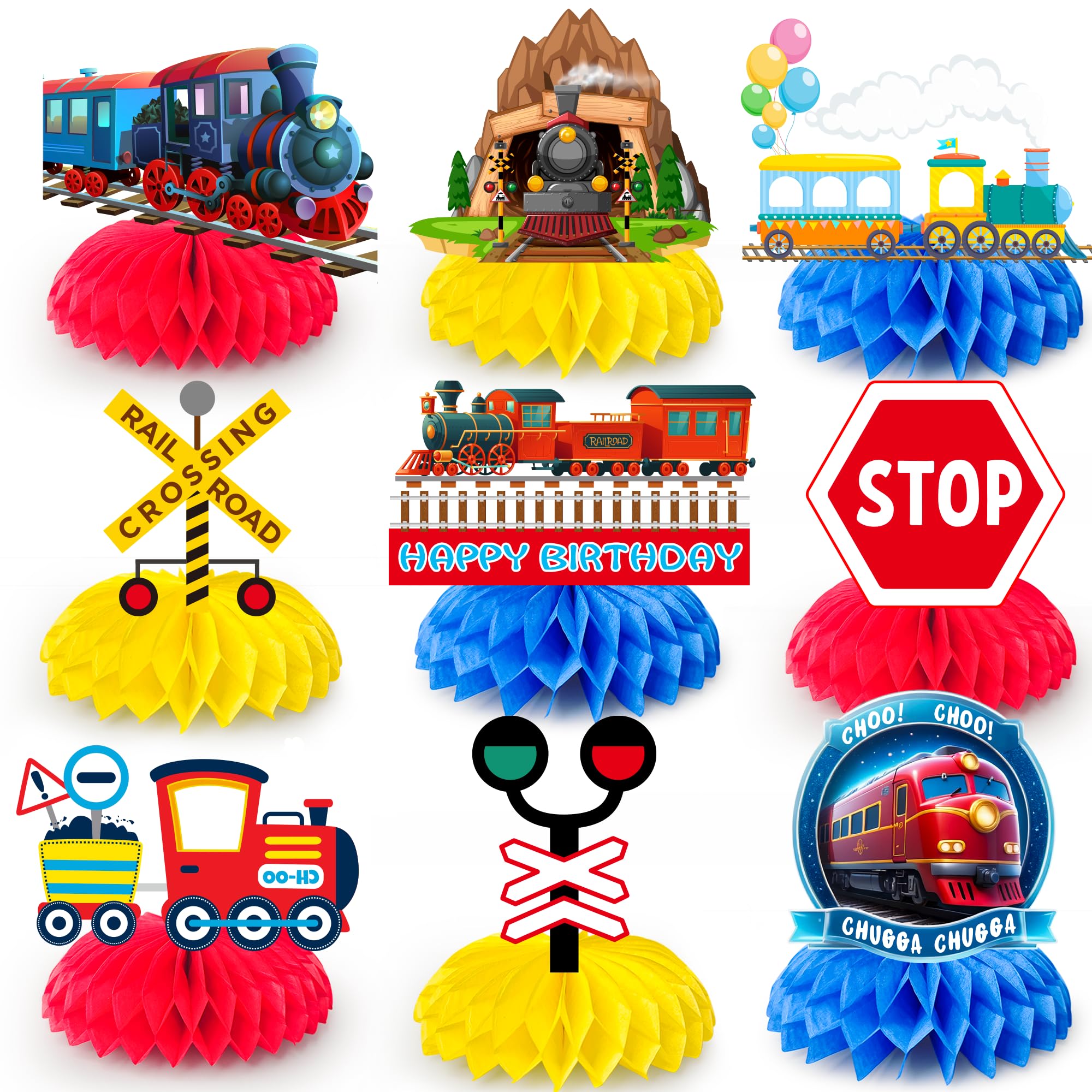 Train Party Centerpiece, 9pcs Train Birthday Honeycomb Decorations/Train Birthday Party Honeycomb/Train Themed Honeycomb Decorations, Train Party Table Centerpiece for Train Themed Party Decorations