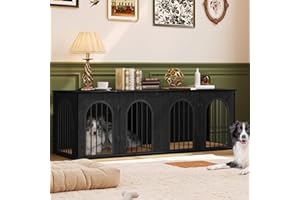 Hzuaneri 71" Dog Crate Furniture for 2 Dogs, Heavy Duty Indoor Dog Kennel TV Stand, XL Wooden Dog Cage with Divider for Medium Large Dogs, End Table Dog Crate with Cushion, Black DFC81904B