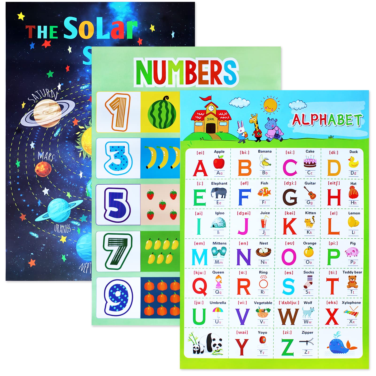 3PCS Educational Poster, ICEBLUEOR Laminated Wall Learning Chart Number and Alphabet Posters for Kids Toddlers Kindergarten Preschool Family Education, Classroom Decoration