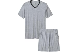 MoFiz Mens Pajama Set Summer Pjs Sleepwear Nightwear Lightweight Quick Dry Soft Short Sleeve V-Neck Pjs Sleep Set With Pocket
